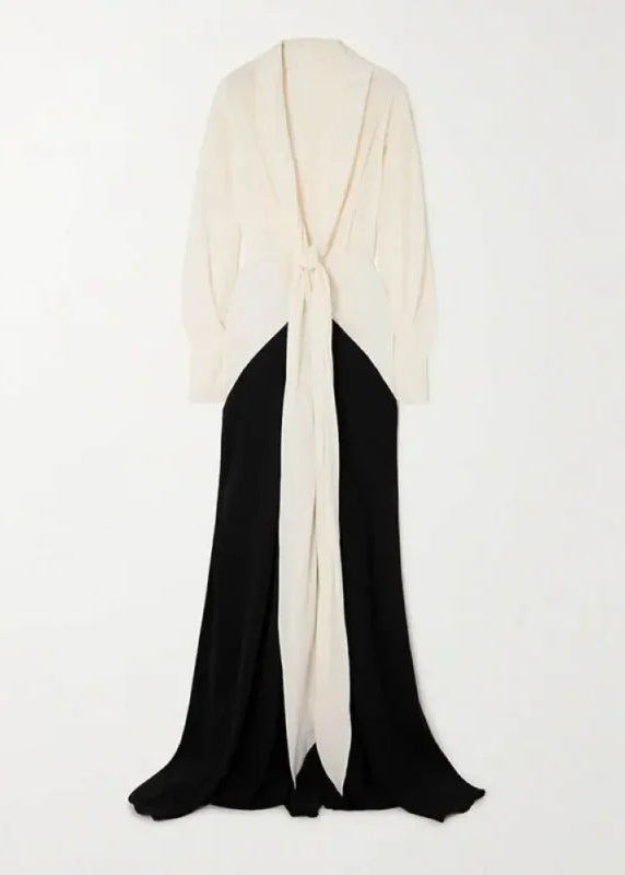 European and American Color Blocked V-neck Long Sleeved Dress