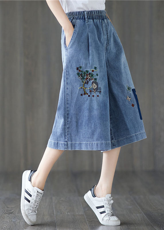 Denim Blue Elastic Waist Embroidered Cotton Wide Leg Pants Summer