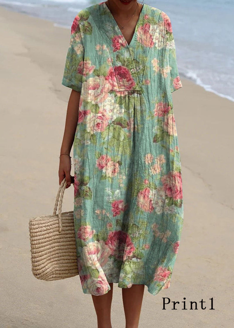 V Neck Print Loose Cotton Dress Summer