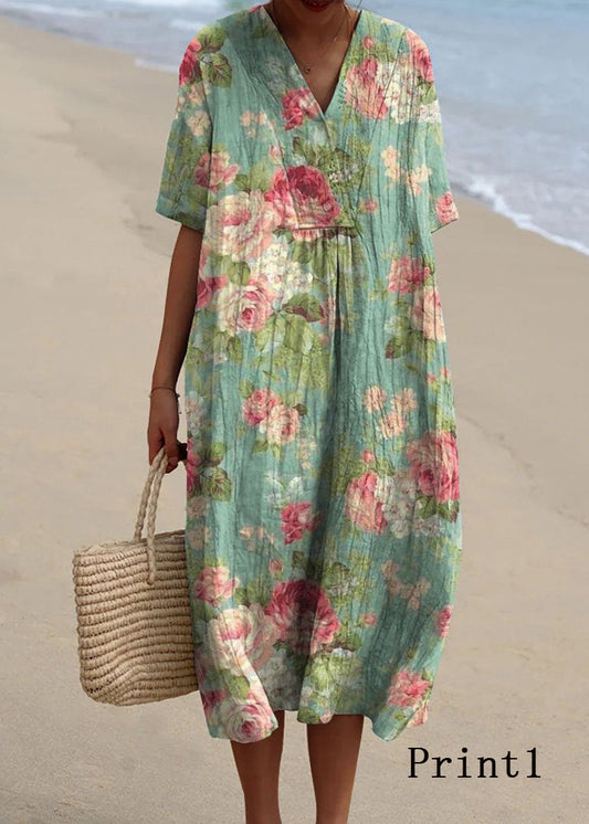 V Neck Print Loose Cotton Dress Summer