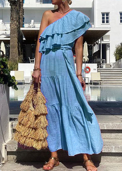 Pink Slash Neck Ruffled Lace Up Cotton Dress Summer
