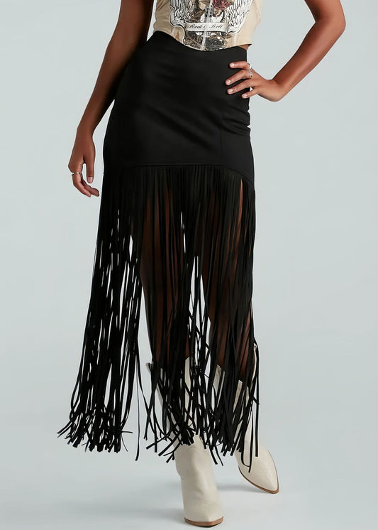 Slim Fit Brick Red Tasseled Zippered Faux Suede Maxi Skirts