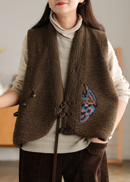 Diy Chocolate Embroidered Asymmetrical Design Faux Fur Vest Sleeveless