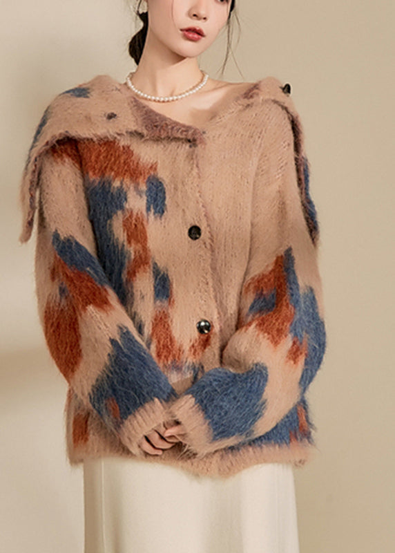 Brown Print Button Cotton Knit Cardigan Winter