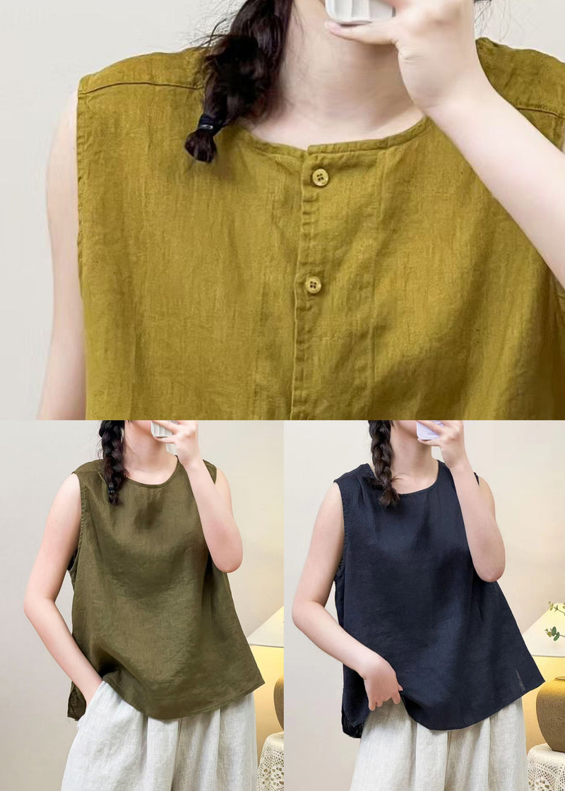Simple Navy O Neck Button Linen Shirt Sleeveless