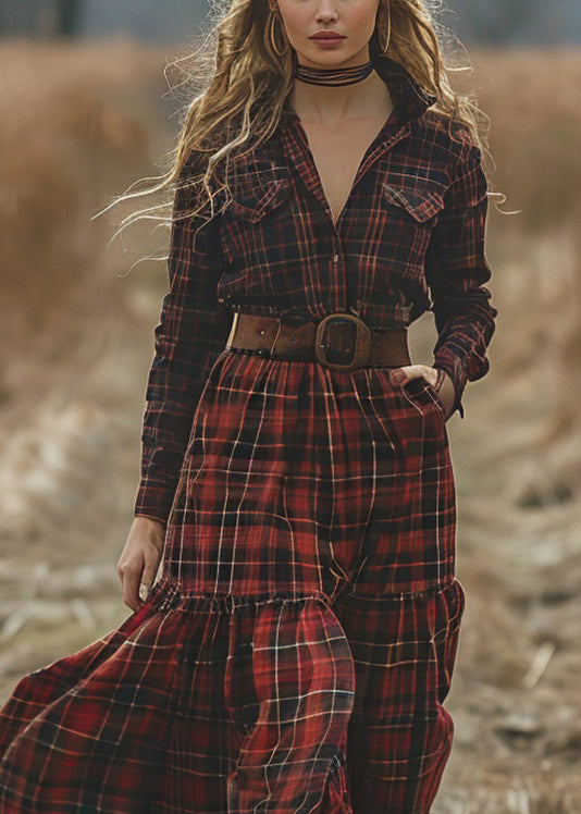 Retro Plaid Pockets Long Sleeve Pastoral Dresses