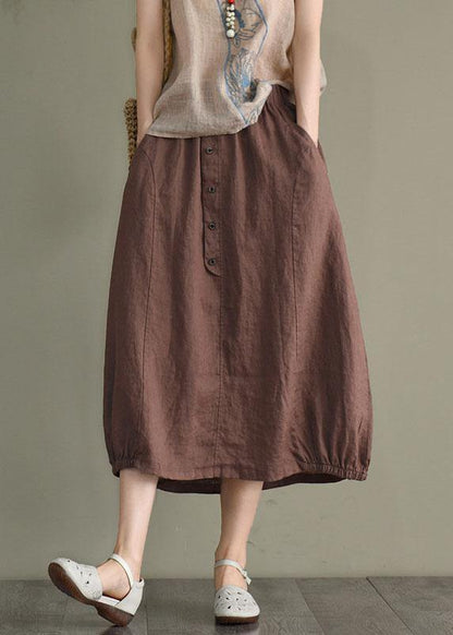 Khaki Linen Elastic Waist Button Skirt