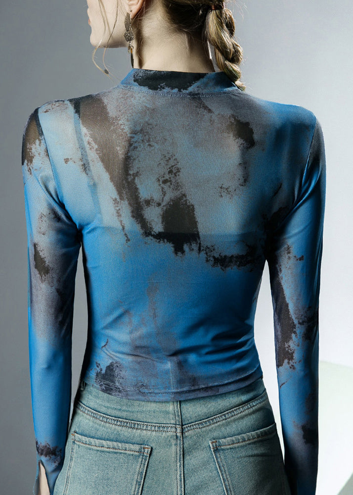 Blue Stand Collar Asymmetrical Print Tulle Tops Fall