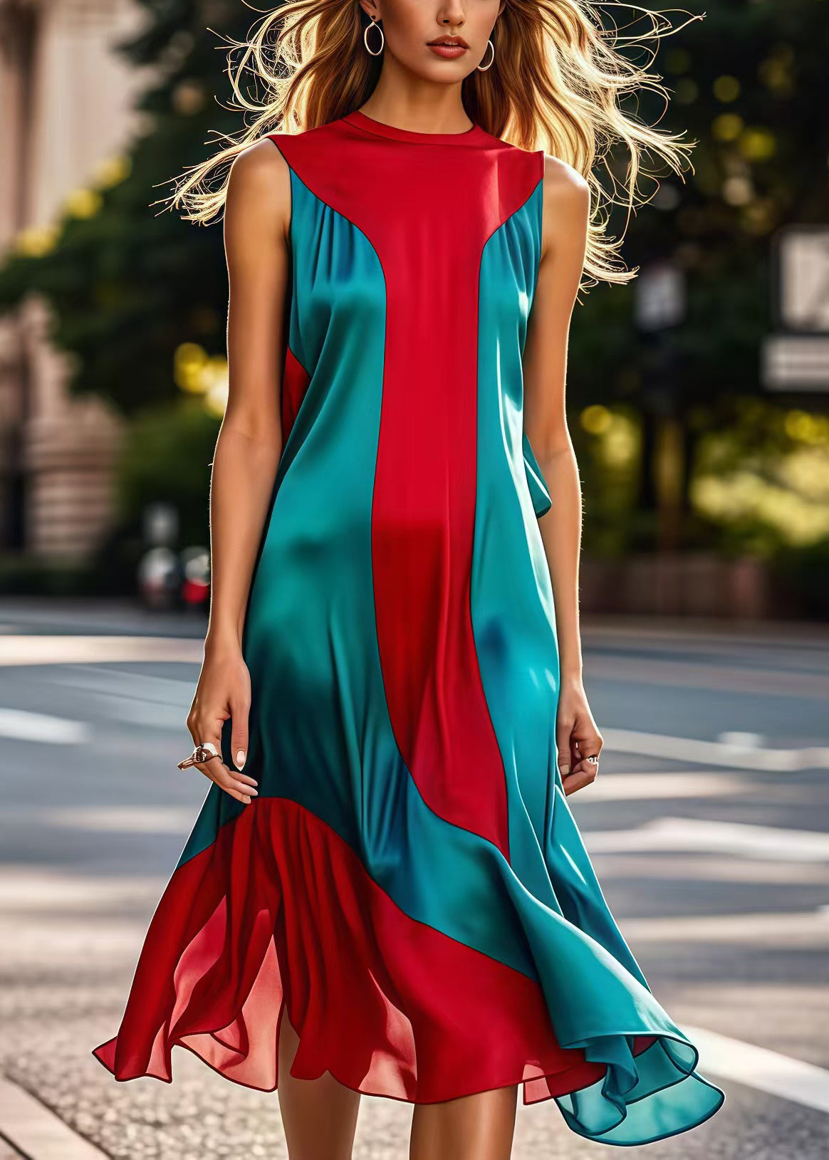 Diy Colorblock Silm Fit Patchwork Silk Long Dresses Sleeveless