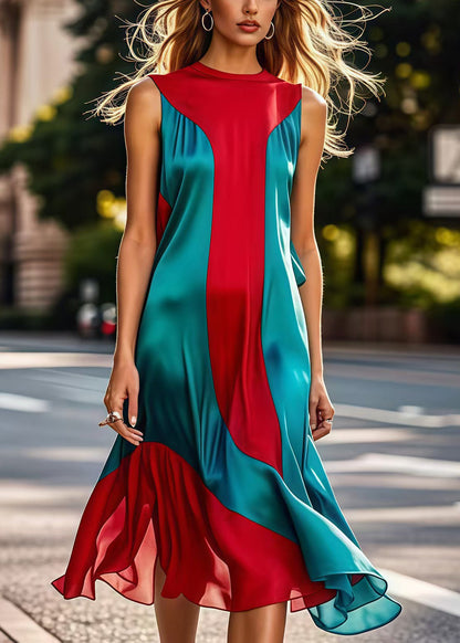 Diy Colorblock Silm Fit Patchwork Silk Long Dresses Sleeveless