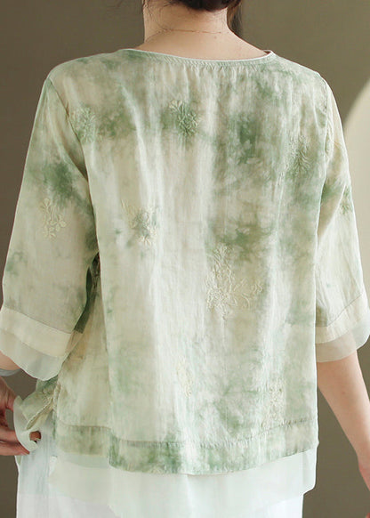 Light Green O Neck Tasseled Embroidered Linen Shirts Summer