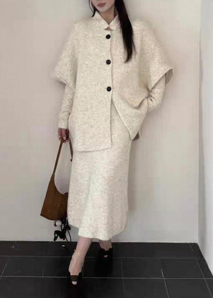 Slim Fit Beige Button Coat and Dresses Knit Three Piece Set Spring