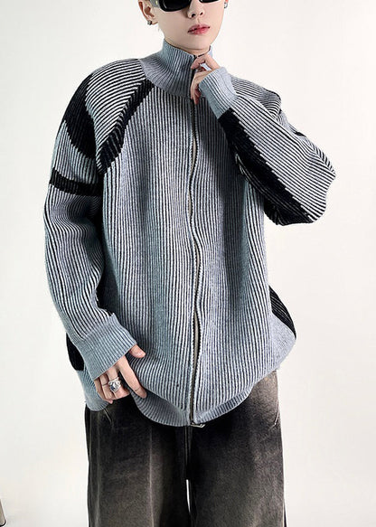 New Blue Striped Zip Up Knit Coat Fall