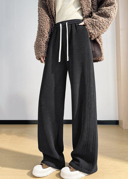 Simple Coffee Pockets Drawstring Warm Fleece Pants Winter