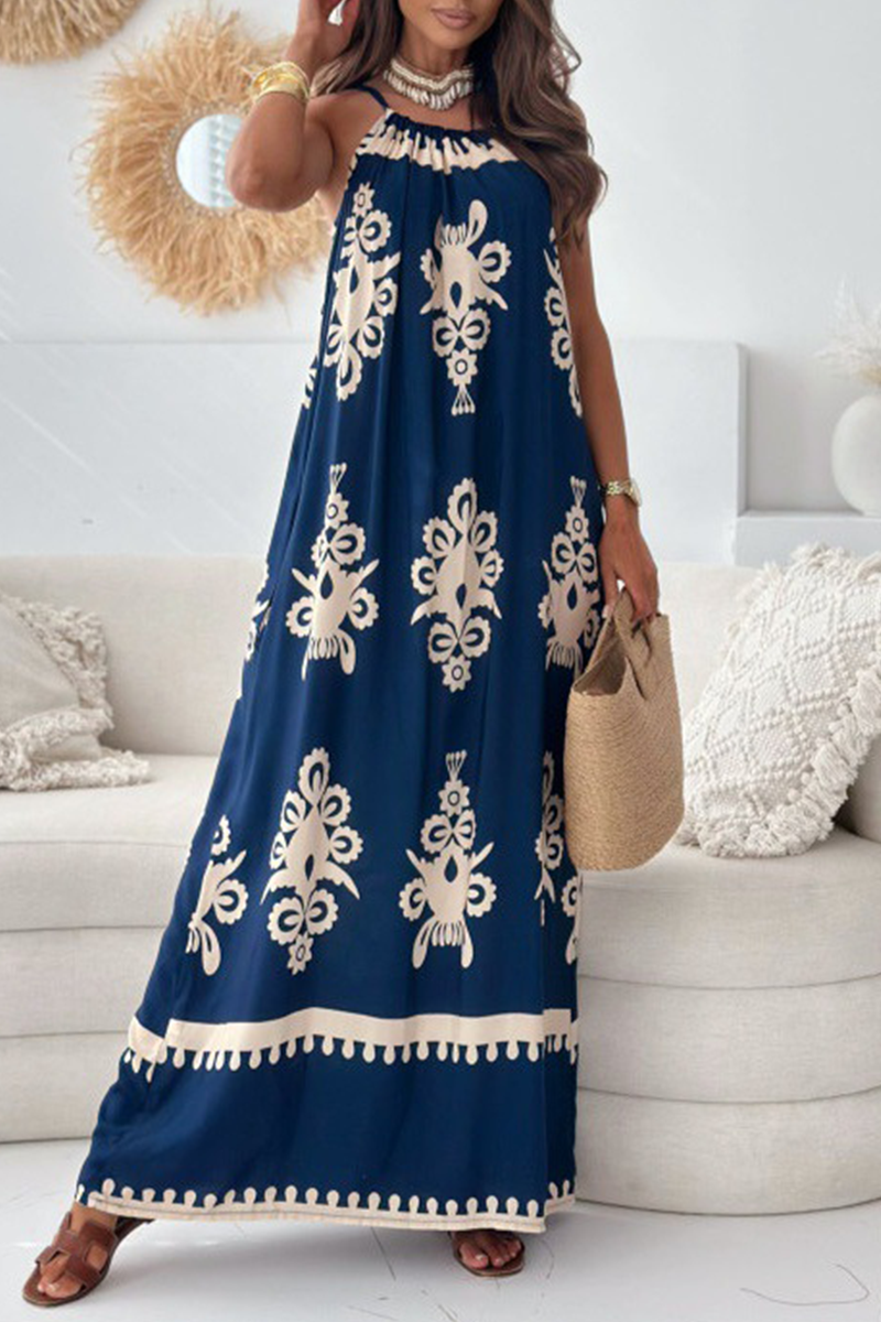 National Totem Print Draw String Square Neck Sling Dresses(4 Colors)