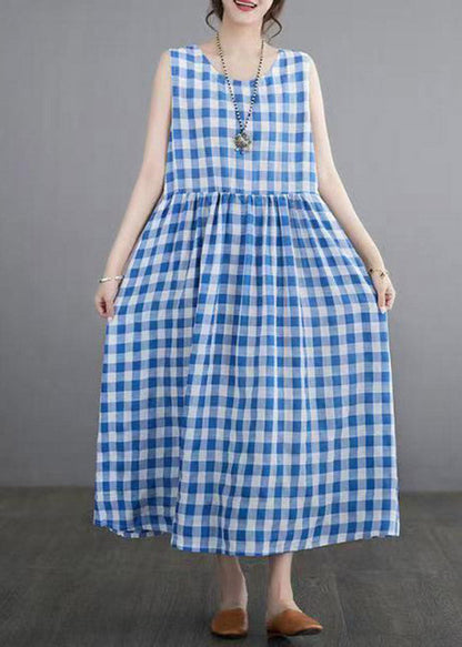Blue Plaid Patchwork Maxi Dresses Sleeveless