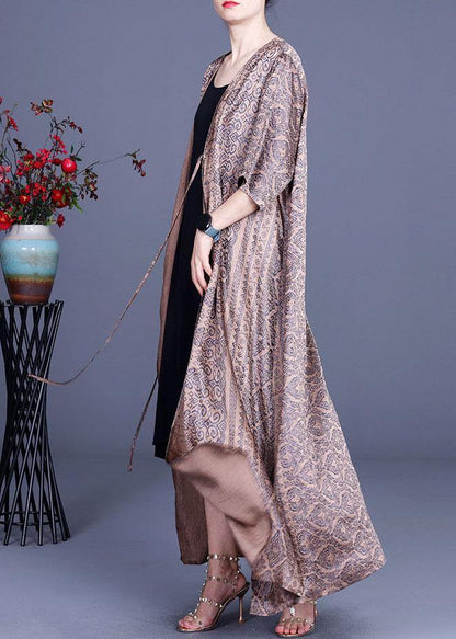 Diy Green Print Side Open Chiffon Loose Long Cardigans