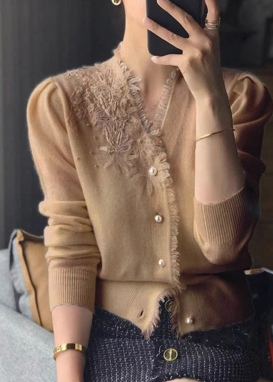 Khaki V Neck Tasseled Embroidered Woolen Cardigan Fall