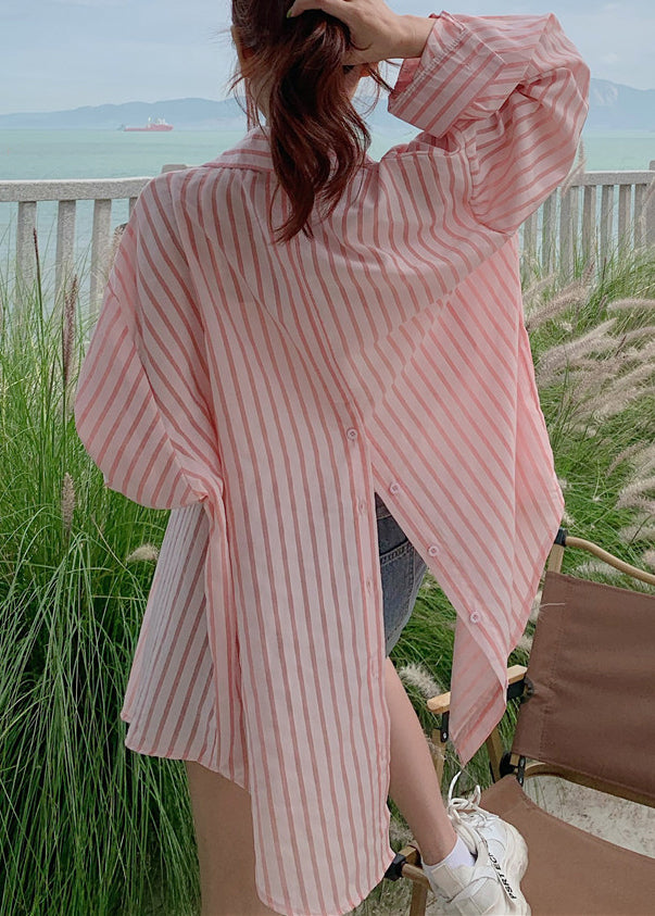 Loose Pink Button Pockets Cotton Blouses Long Sleeve