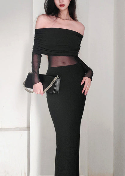 Black Slash Neck Tulle Patchwork Long Dress Spring