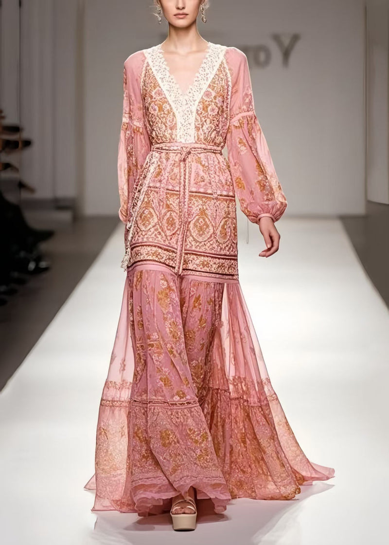 Modern Pink Cinched Print Chiffon Ankle Dress Spring