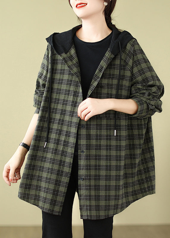 Green Plaid Cotton Hooded Shirts Coat Spring