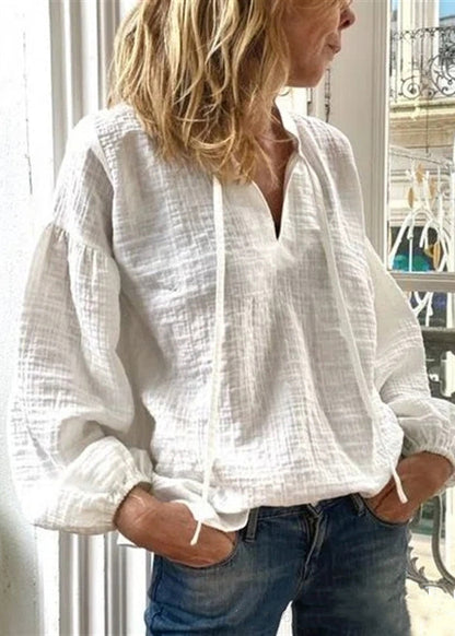 Loose White V Neck Lace Up Linen Blouses Long Sleeve