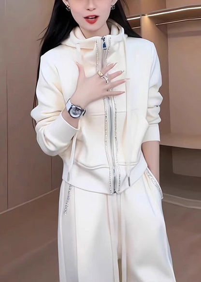 Loose White Hooded Zippered Coat and Pants Cotton Two Pieces Set Fall