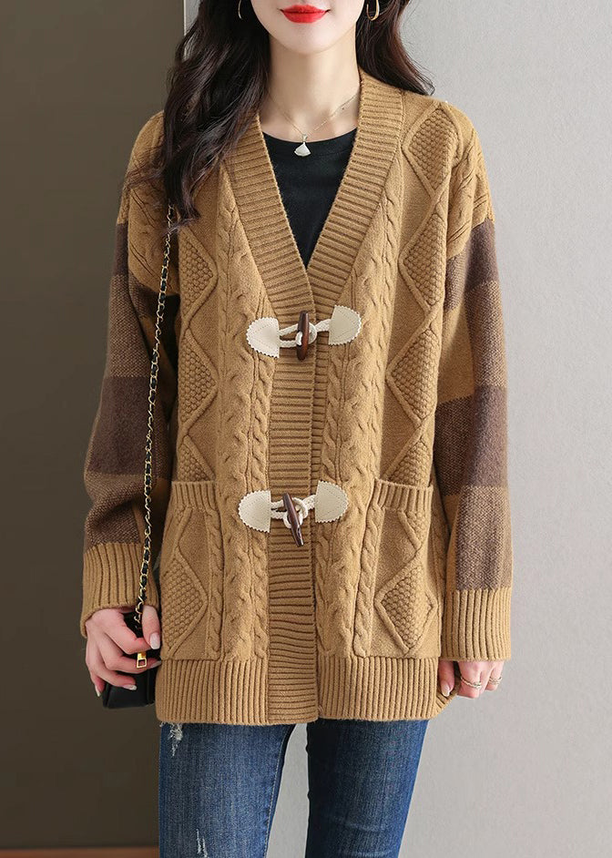 Beige V Neck Button Patchwork Knit Cardigans Fall