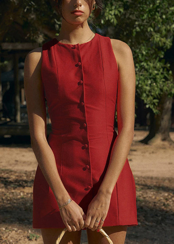 Stylish Red O Neck Button Cotton Short Dress Sleeveless