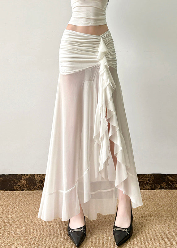 White Wrinkled Side Open Tulle Skirt Summer
