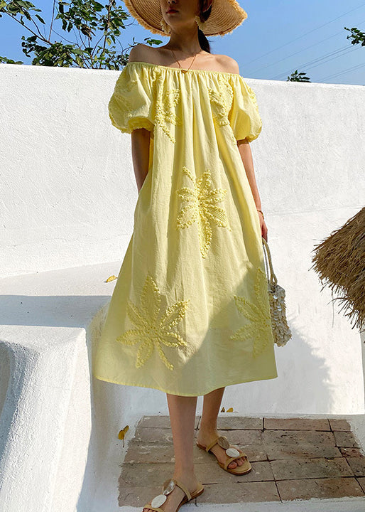 Yellow Embroidered Pockets Cotton Long Dresses Slash Neck Summer