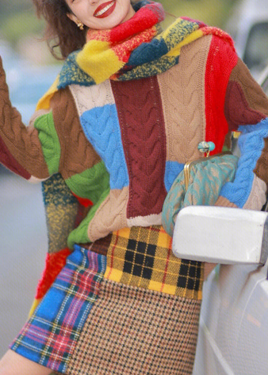 Multicolor O Neck Thick Knit Sweater Fall