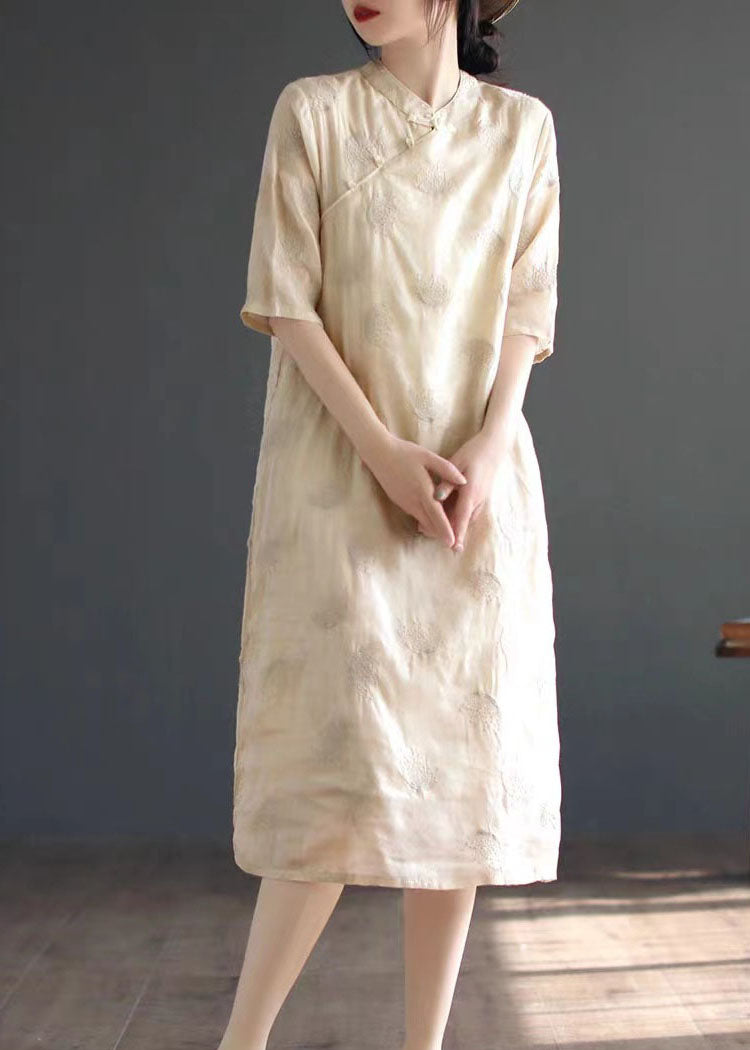 Chinese Style Apricot Embroidered Button Patchwork Linen Dress Summer