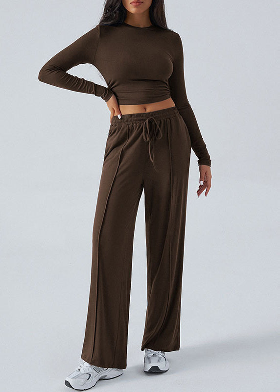 Style Apricot Tops and Pants Cotton Two-piece Set Fall