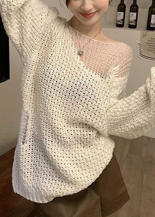 Beige Hollow Out Knit Sweater Spring