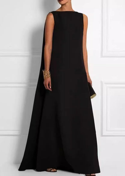 French Black High Waist Cotton Ankle Dress Sleeveless