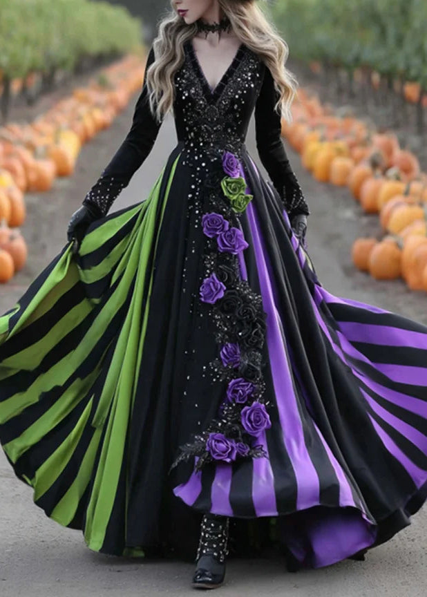 V Neck Striped Print Cotton Long Dress Fall
