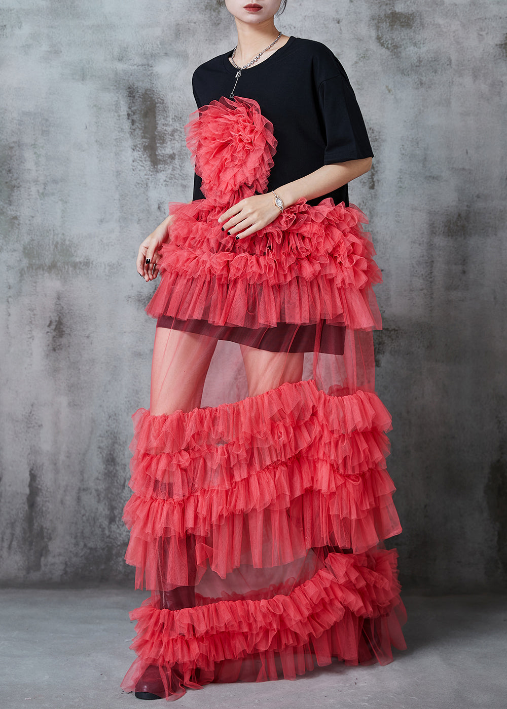 Black Ruffled Patchwork Tulle Long Dress Summer