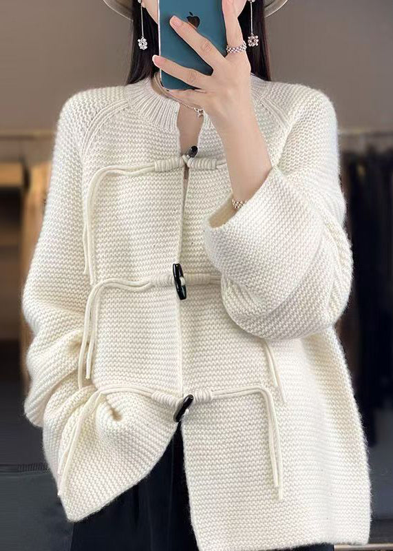 White Woolen Knit Coat O-neck Long Sleeve