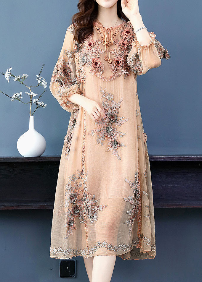 Handmade Apricot V Neck Embroidered Silk Maxi Dress Long Sleeve