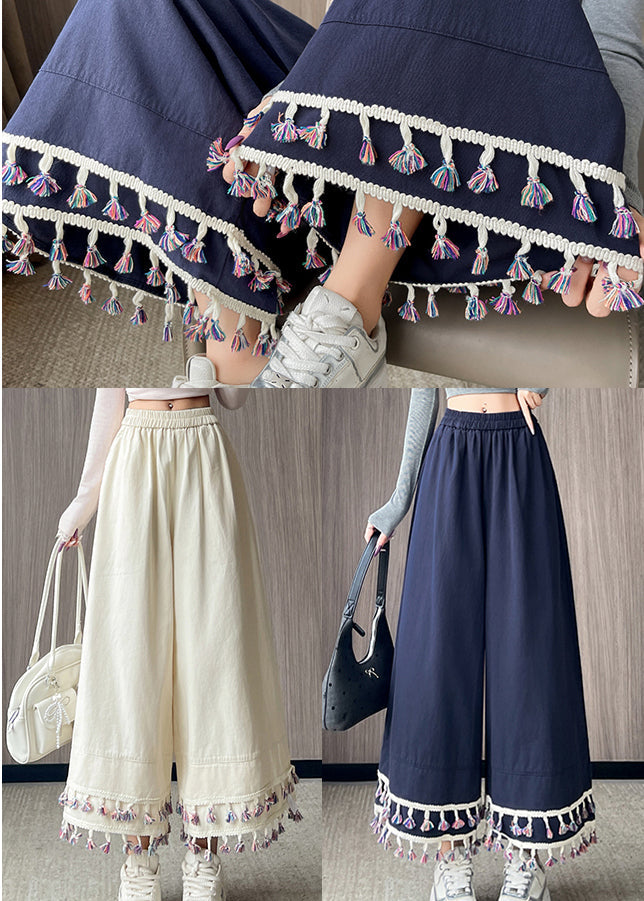 Navy Tasseled Cotton Wide Leg Pants Trousers Fall