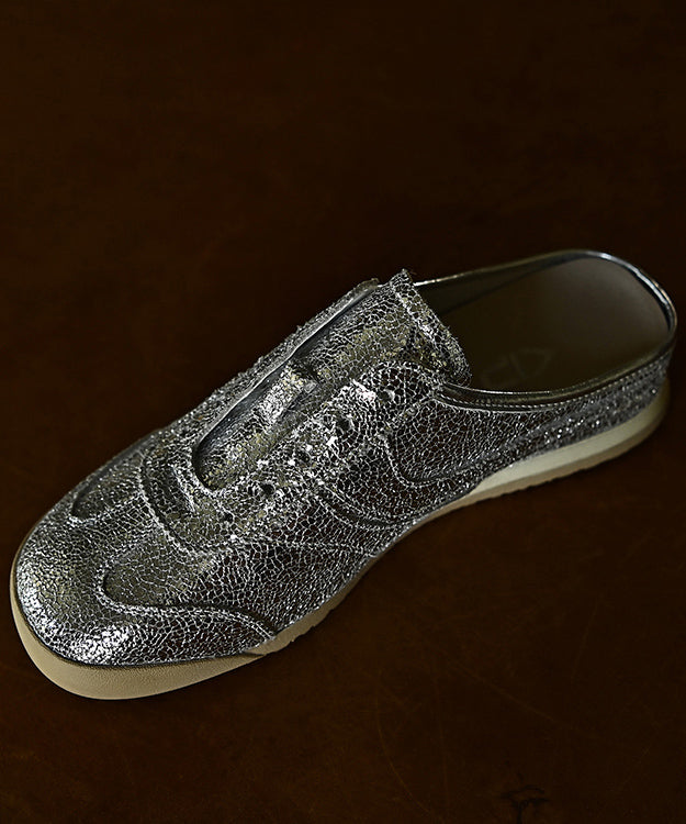 Splicing Wedge Silver Cowhide Leather Slide Sandals