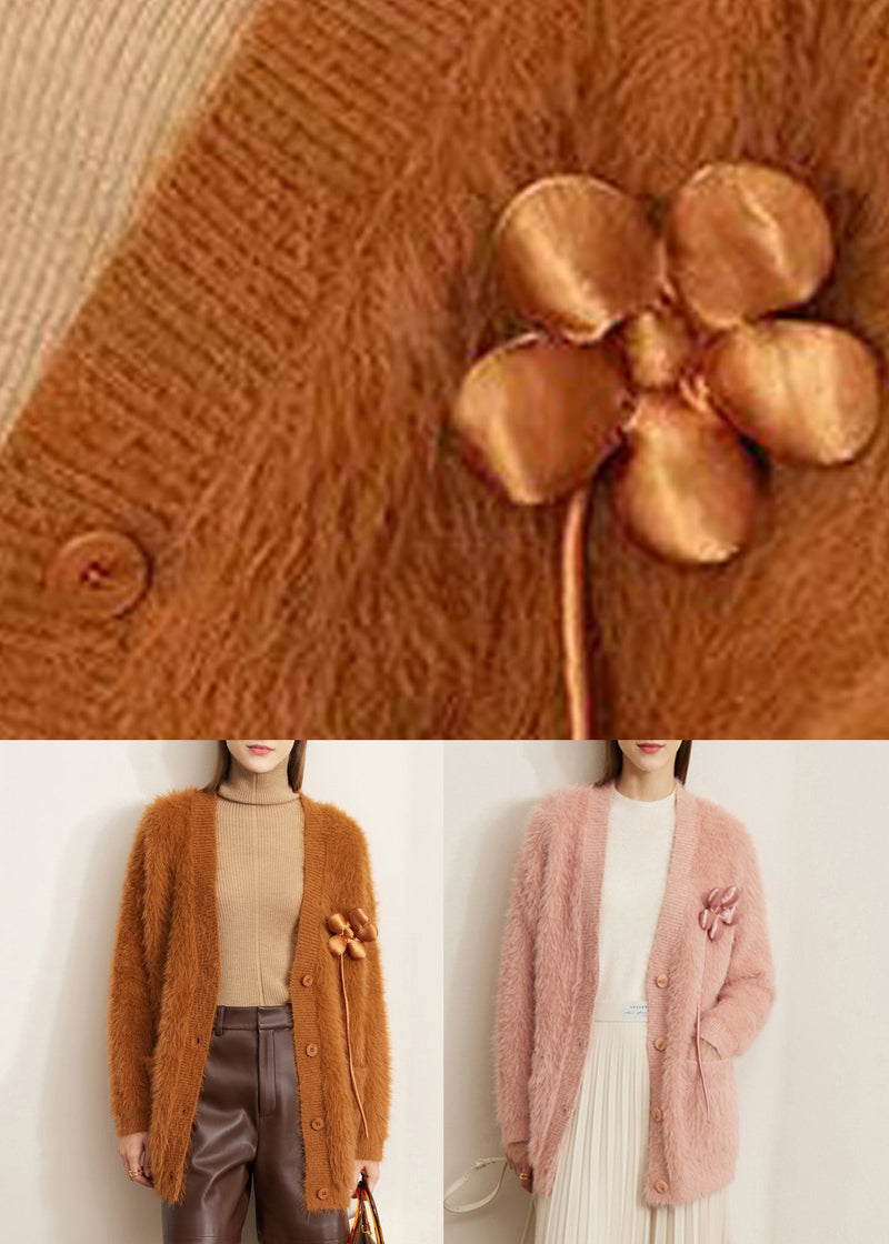 Pink Pockets Mink Velvet Cardigan V Neck Winter