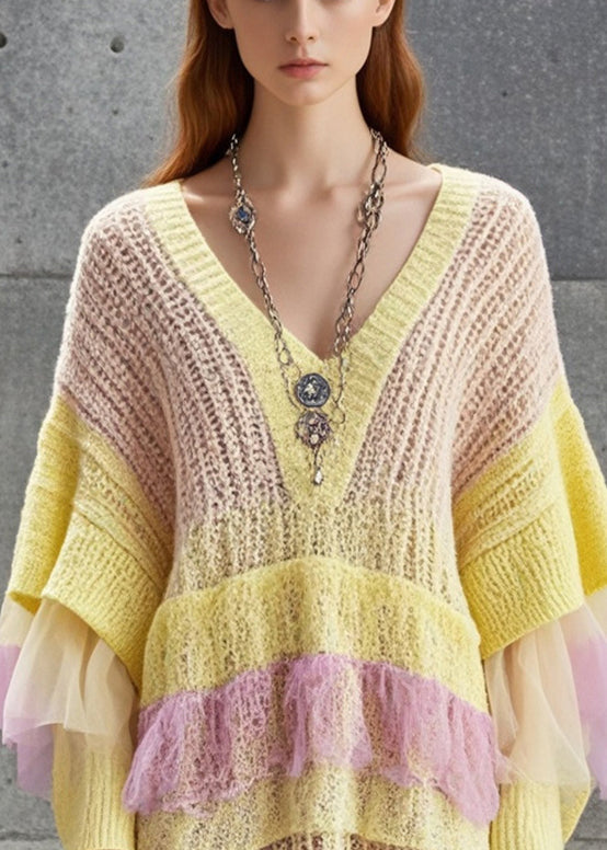 Yellow Hollow Out Patchwork Tulle Knitted Dress Fall
