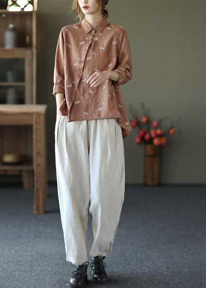 Khaki Peter Pan Collar Button Fall Asymmetrical Design Top Long Sleeve