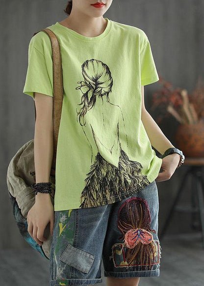 Green Print O-neck Cotton T Shirt Summer