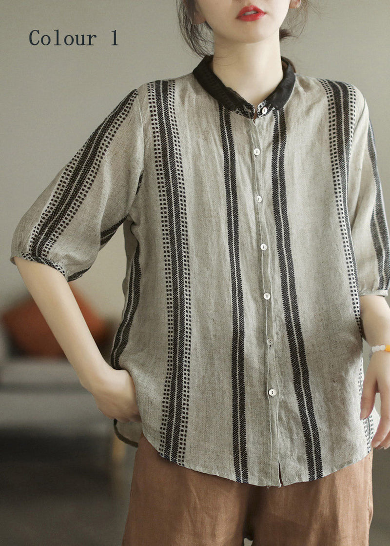 Colour 1 Peter Pan Collar Print Button Linen Shirt Half Sleeve