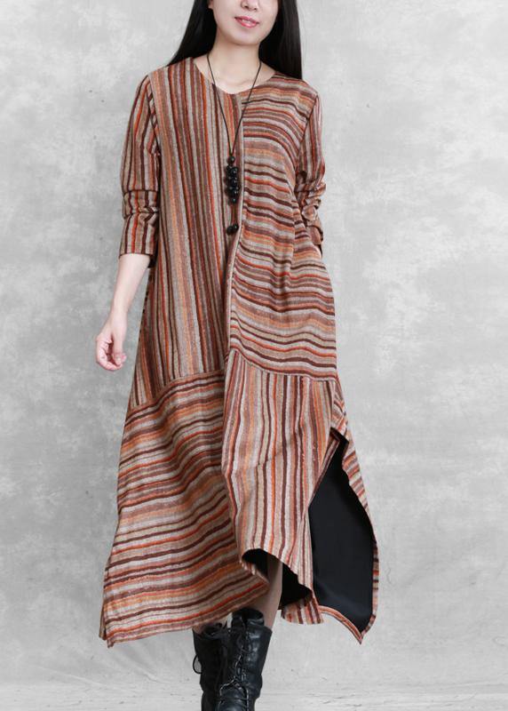 Handmade Khaki Yellow Striped Cotton Linen Quilting Clothes Side Open Cotton Patchwork Dresses