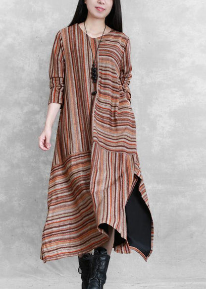 Handmade Khaki Yellow Striped Cotton Linen Quilting Clothes Side Open Cotton Patchwork Dresses